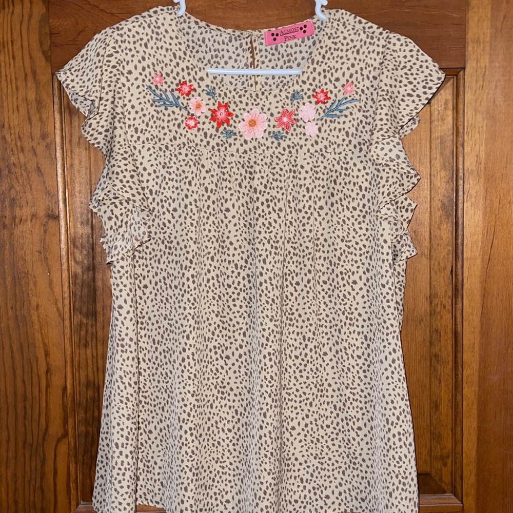 Brown leopard cheetah print and floral blouse shirt